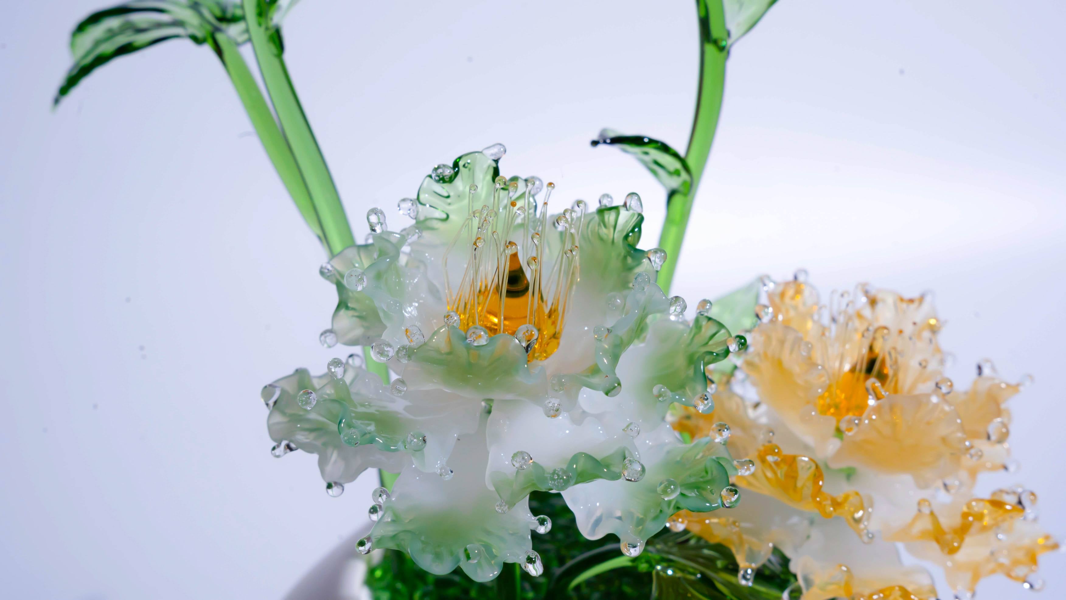 Green-Yellow LiuLi Crystal Peony Bonsai