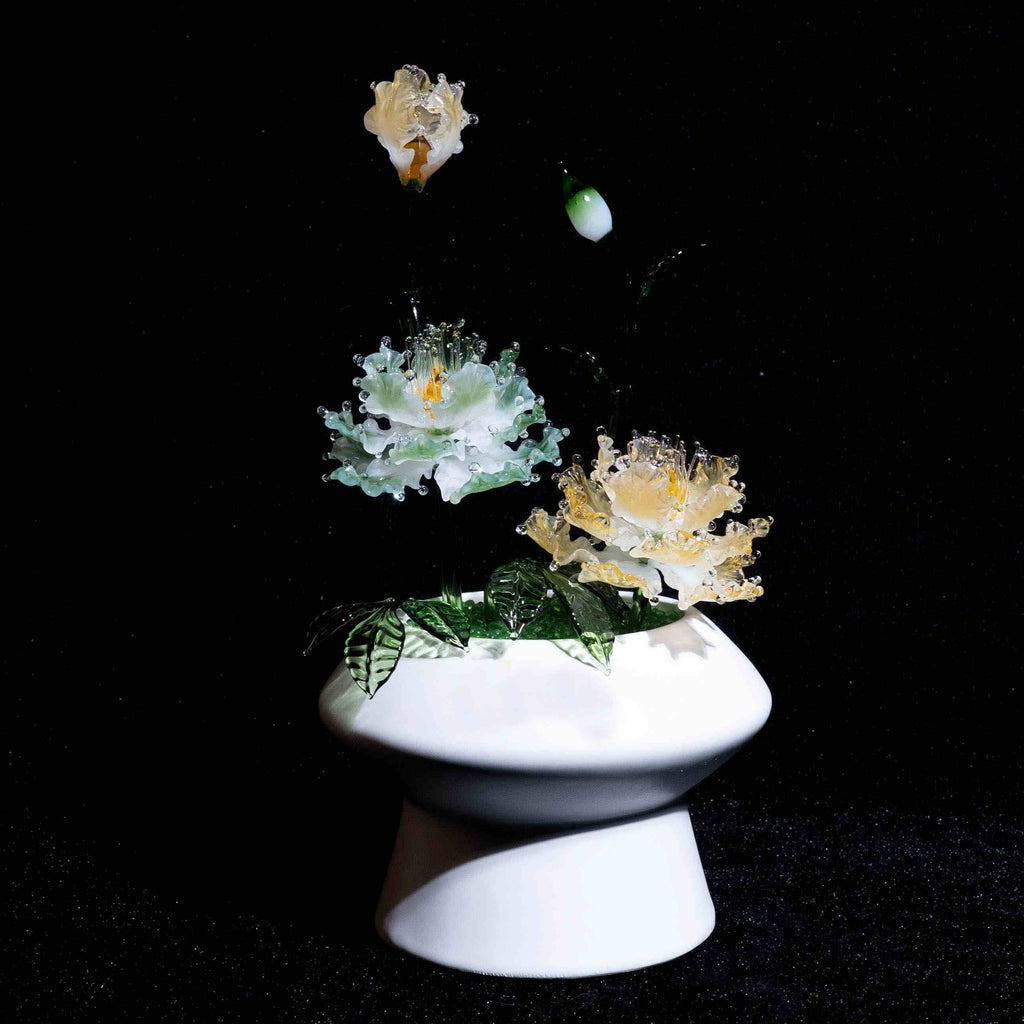 Green-Yellow LiuLi Crystal Peony Bonsai